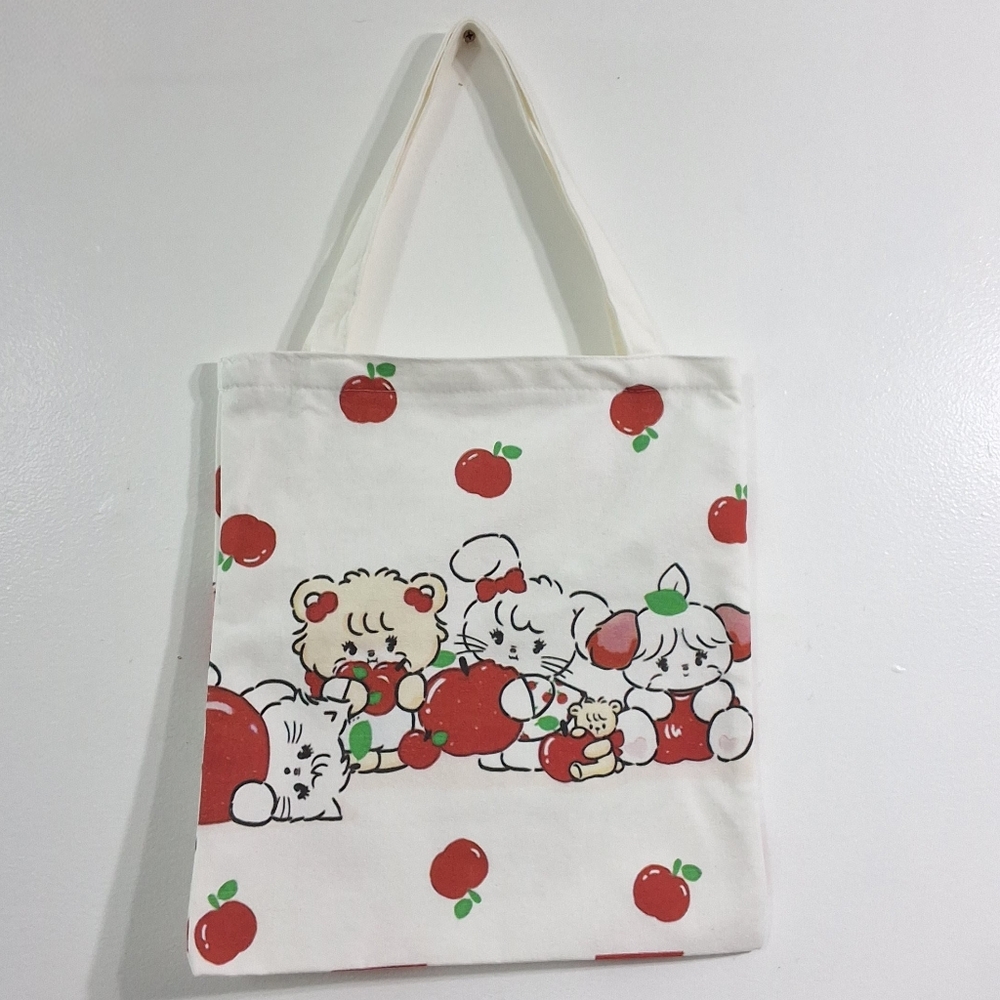 Mikko Illustration Apple Print Double Sided Canvas Tote Bag With Zipper, NEW